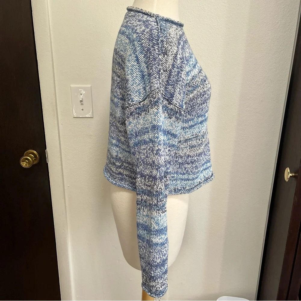 Margaret O’Leary Blue White Space Dye Cropped Rolled Collar Sweater Womens XS